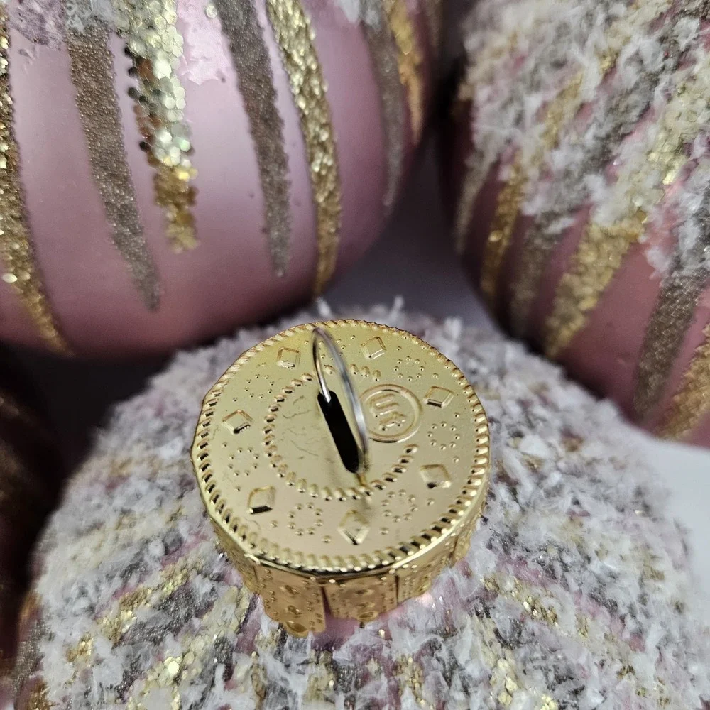 Large Opulent Pink Gold Round Mercury Glass Christmas Ornaments Set of 12